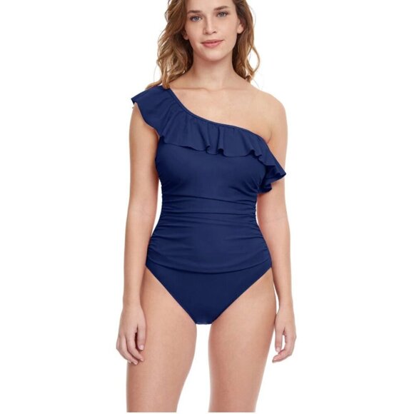 New! Profile By Gottex Tutti Frutti Ruffle One Shoulder Navy One Piece Swimsuit - Picture 1 of 8
